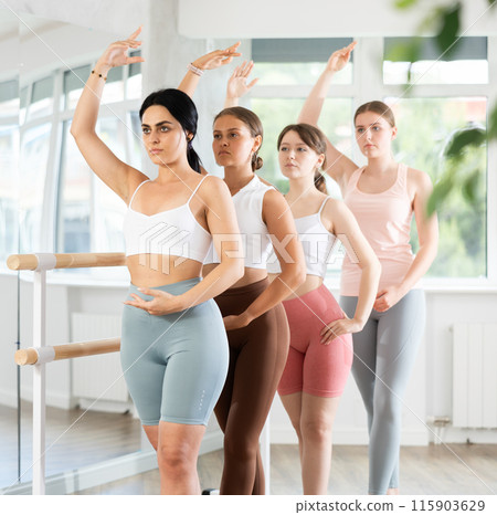 Group of positive young girls engaged in classical ballet in dance studio performs exercise standing in 3rd position of ballet stance 115903629