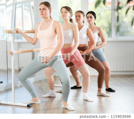 Group of sports young girls standing in row together while doing ballet dance moves demi plie while holding on ballet barre in ballet studio 115903690