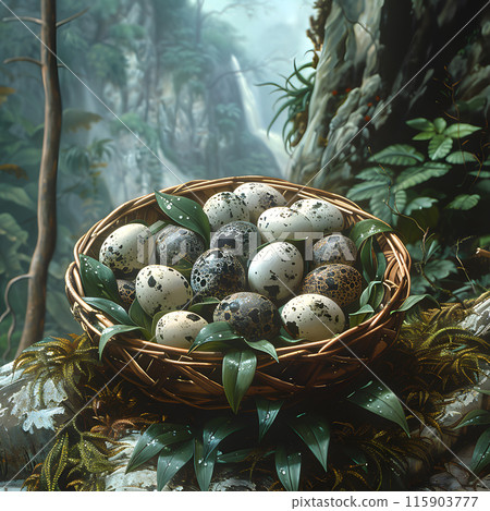 A nest filled with quail eggs is delicately perched on top of a rugged rock, surrounded by lush green grass and a paintinglike scene of natural foods 115903777