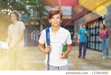 Young boy going home after lessons in school 115903805