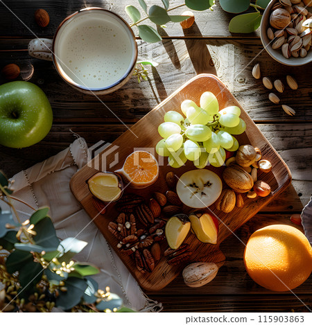 A rectangular wooden cutting board showcasing a variety of fruits and nuts as a garnish. Ingredients include Granny Smith apples. Perfect for food preparation and serving 115903863