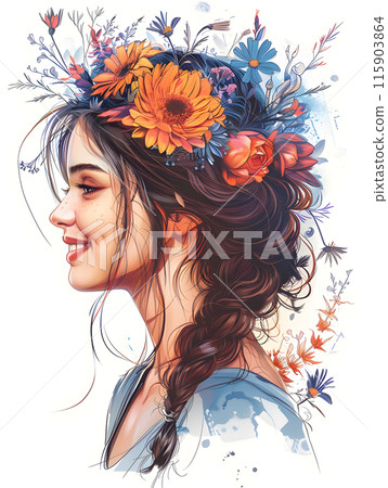 A portrait showing a woman with a flower headpiece in her hair. She has a big smile, long eyelashes, and petals scattered on her neck. The happy plant adds a touch of nature to her hairstyle 115903864