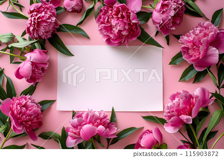 A white card is placed in a picture frame made of pink flowers and green leaves, against a pink background. The botanical arrangement features a mix of nature elements in shades of pink and magenta 115903872
