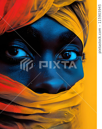 A close up shot of a human covering their face with an orange scarf, showing only their forehead, nose, eye, eyebrow, and mouth. The iris, eyelash, and art of the image is captivating 115903945