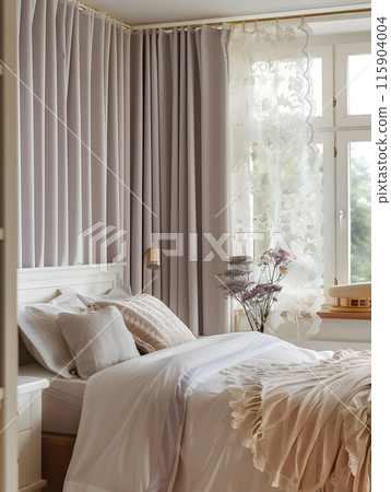 A cozy bedroom in a building with a comfortable bed, nightstand, curtains, and a window, all beautifully designed with wooden furniture and textile accents 115904004