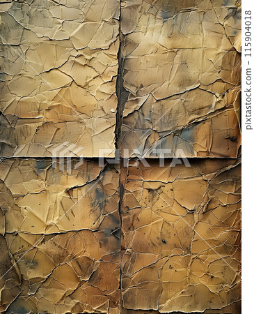 A closeup image of a brown rectangular brick wall with cracked texture. The tints and shades create a unique pattern, resembling wood flooring. The symmetry of the cracks gives it a rustic look 115904018