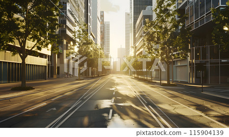 A car with its automotive lighting on is cruising down the asphalt road surface of the empty city street at sunset, passing by skyscrapers and trees 115904139
