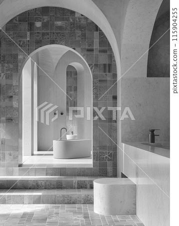 A monochrome photograph of a bathroom with brickwork arches and a bathtub. The buildings facade features arched windows and fixtures 115904255