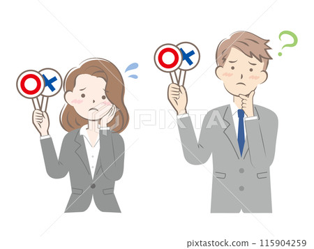 穿著西裝的男人和女人拿著 Marubatsu 標籤 - 正確、不正確、擔心 115904259