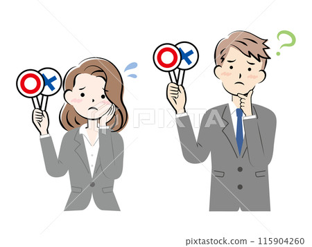 Men and women in suits holding cards with right and wrong answers, worrying 115904260