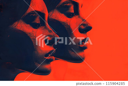 An artistic representation of a womans face through double exposure, showcasing elements like nose, jaw, and neck, blending human body features with art and entertainment in a captivating way 115904285