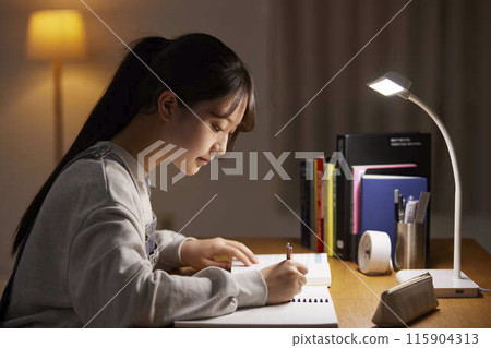 A high school girl studying for an exam in her room A high school girl studying for an exam in her room 115904313