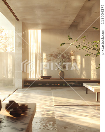 A living room with hardwood flooring, a wooden table and chairs, a large window with tinted glass, and a plant. The building materials include wood and glass A living room with hardwood flooring, a wooden table and chairs, a large window with tinted glass, and a plant. The building materials include wood and glass 115904375