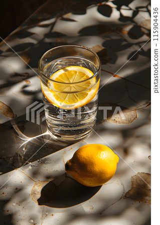 A glass of refreshing citrusinfused water sits on a table next to a sliced lemon. The lemon could be used as an ingredient in a cocktail or apritif 115904436