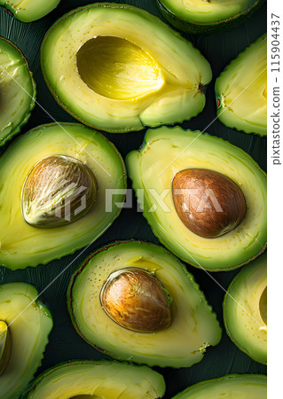 A group of green avocados, a staple food and natural ingredient, cut in half on a table, ready to be used in various dishes and cuisines 115904437