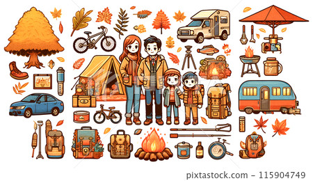 Autumn leaf viewing outdoor leisure camping family icon illustration set 115904749