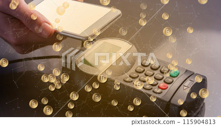 Image of bitcoins over smartphone and payment terminal Image of bitcoins over smartphone and payment terminal 115904813