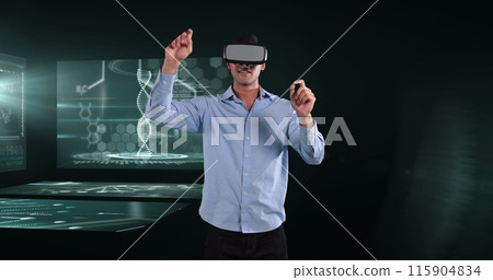 Image of businessman wearing vr headset over screens with medical data processing 115904834