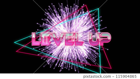 Image of level up text in metallic pink letters with triangles over purple fireworks 115904865
