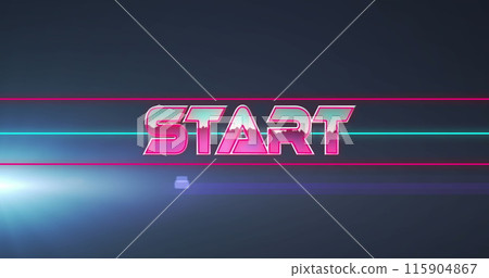 Image of start text in metallic pink letters with lines over glowing light 115904867
