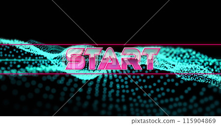 Image of start text in metallic pink letters with lines over green glowing mesh 115904869