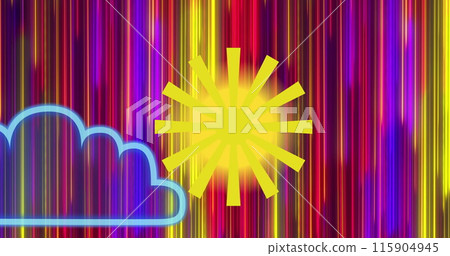 Image of sun and clouds over striped colorful background 115904945