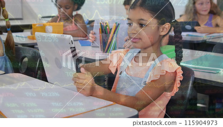 Image of asian girl using digital laptop in classroom over trading board and globe Image of asian girl using digital laptop in classroom over trading board and globe 115904973
