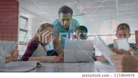 Image of caucasian teacher teaching multiracial students using laptop over infographic interface 115904976