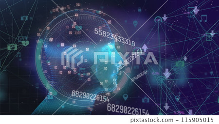 Image of three dimensional human diagram rotating with numbers and various signs Image of three dimensional human diagram rotating with numbers and various signs 115905015
