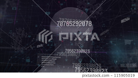 Image of three dimensional human model rotating with numbers and various signs 115905019