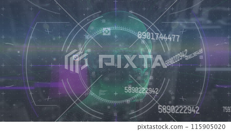 Image of three dimensional human model rotating with digital numbers and signs 115905020