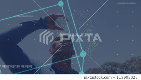 Image of data processing over african american man with bottle of water Image of data processing over african american man with bottle of water 115905025