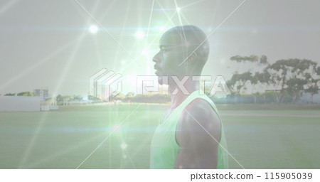 Image of network of connections over african american man exercising Image of network of connections over african american man exercising 115905039