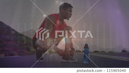 Image of network of connections over african american man tying shoes Image of network of connections over african american man tying shoes 115905040