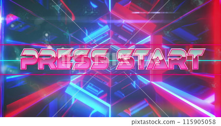 Image of press start text banner over neon red and blue glowing tunnel in seamless pattern Image of press start text banner over neon red and blue glowing tunnel in seamless pattern 115905058