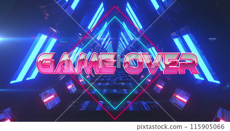 Image of game over text banner over neon blue glowing tunnel in seamless pattern 115905066