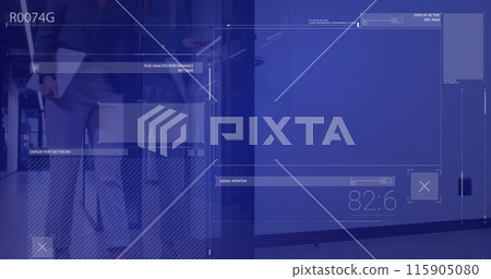 Image of computer display screen over asian businesswoman with laptop entering in boardroom 115905080