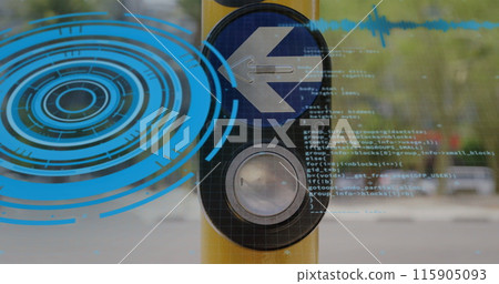 Image of scope scanning and data processing over diverse people walking on street Image of scope scanning and data processing over diverse people walking on street 115905093