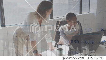Image of infographic interface over multiracial coworkers discussing over laptop at office Image of infographic interface over multiracial coworkers discussing over laptop at office 115905190