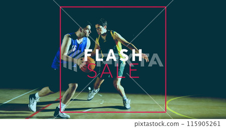 Image of flash sale text over diverse basketball players on black background 115905261