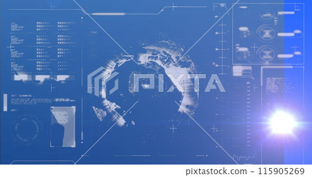 Image of light trails and data processing with globe over blue background 115905269