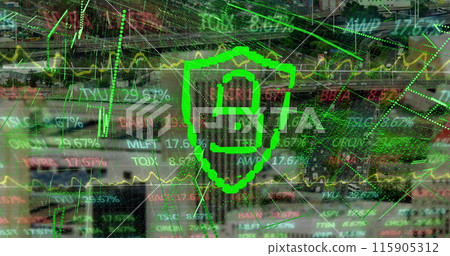 Image of padlock in shield over flying lines and trading board against abstract background 115905312