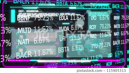 Image of trading board over infographic interface against black background 115905313