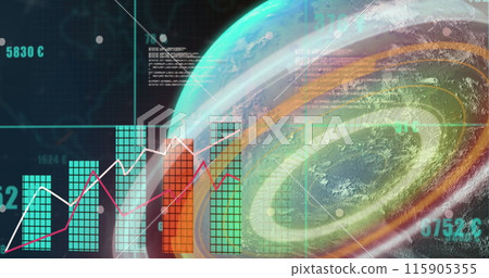 Image of graphs, data, numbers and globe on black background Image of graphs, data, numbers and globe on black background 115905355