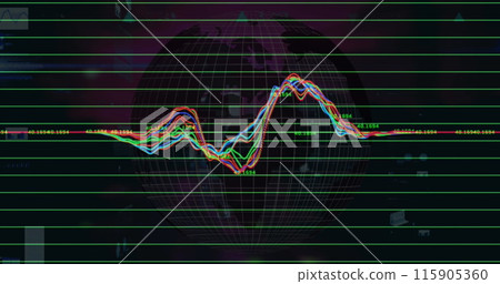 Image of globe and graphs on black background Image of globe and graphs on black background 115905360