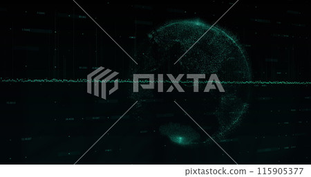 Image of dots going up and down with blocks floating over a globe on black background Image of dots going up and down with blocks floating over a globe on black background 115905377