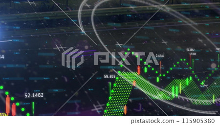 Image of glitch, processing circle and financial graphs and data on black background Image of glitch, processing circle and financial graphs and data on black background 115905380