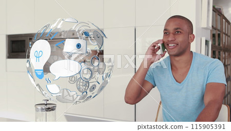 Image of media icons over african american businessman talking on smartphone Image of media icons over african american businessman talking on smartphone 115905391