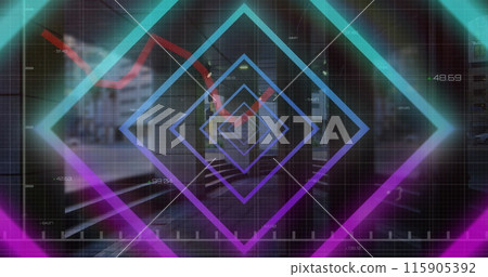 Image of neon squares and financial data over timelapse with city life Image of neon squares and financial data over timelapse with city life 115905392