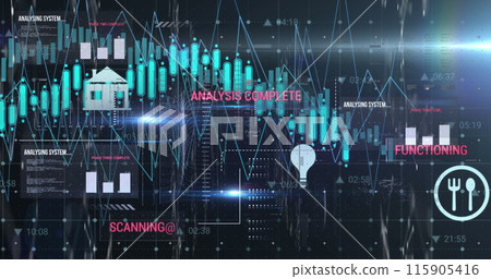 Image of floating icons, multiple texts, lens flares and dots against abstract background Image of floating icons, multiple texts, lens flares and dots against abstract background 115905416